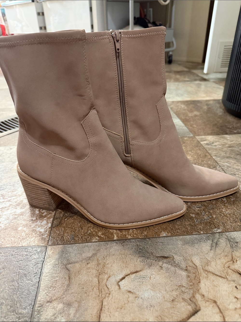 Women's Neutral Taupe Suede Ankle Heeled Boots with Side Zip